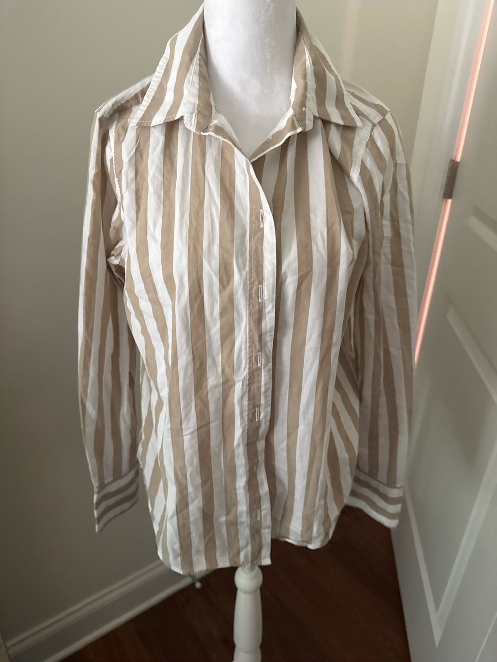 Banana Republic Beige and White Striped Button-Down Shirt
